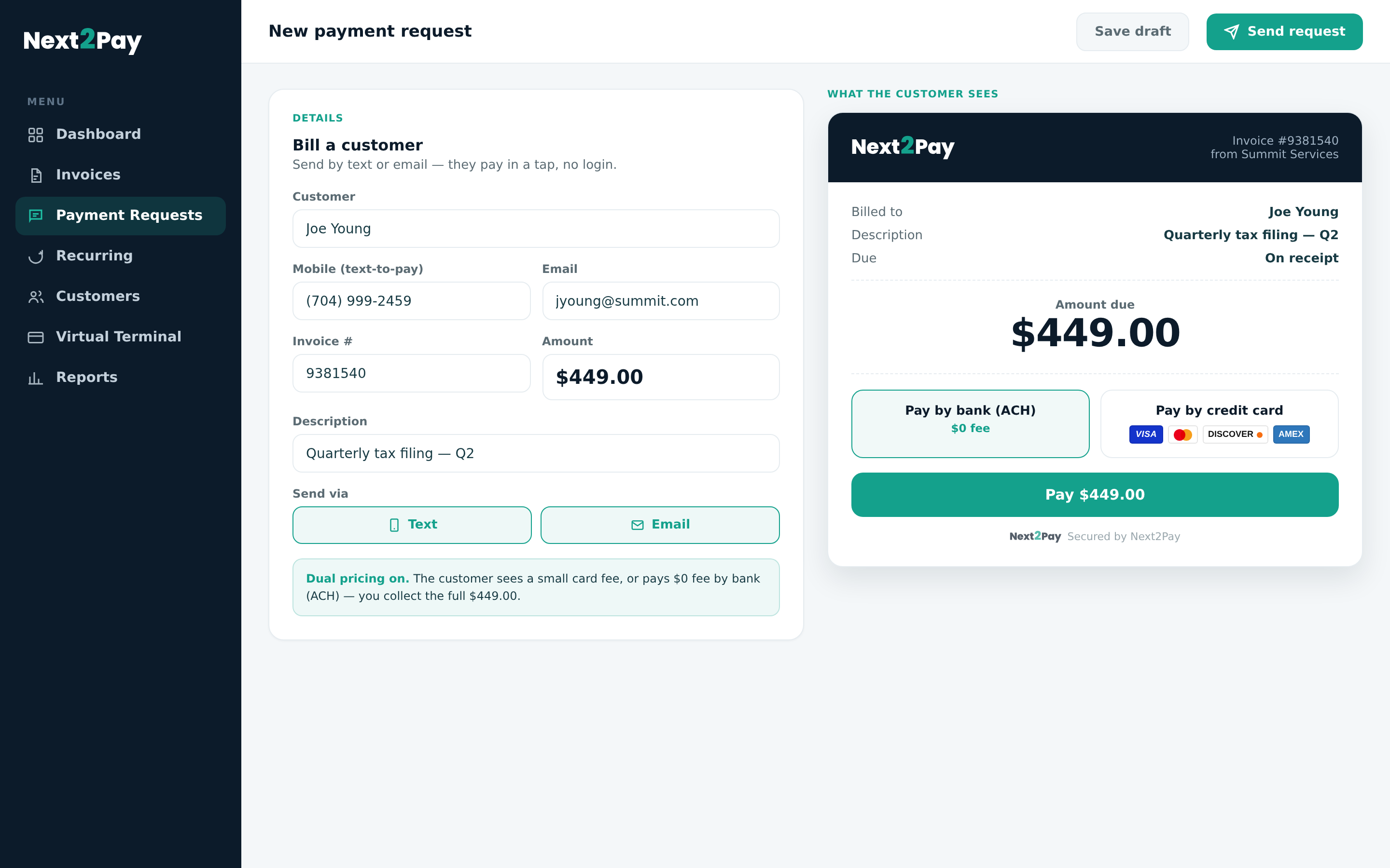 Next2Pay — create a payment request with a live invoice preview