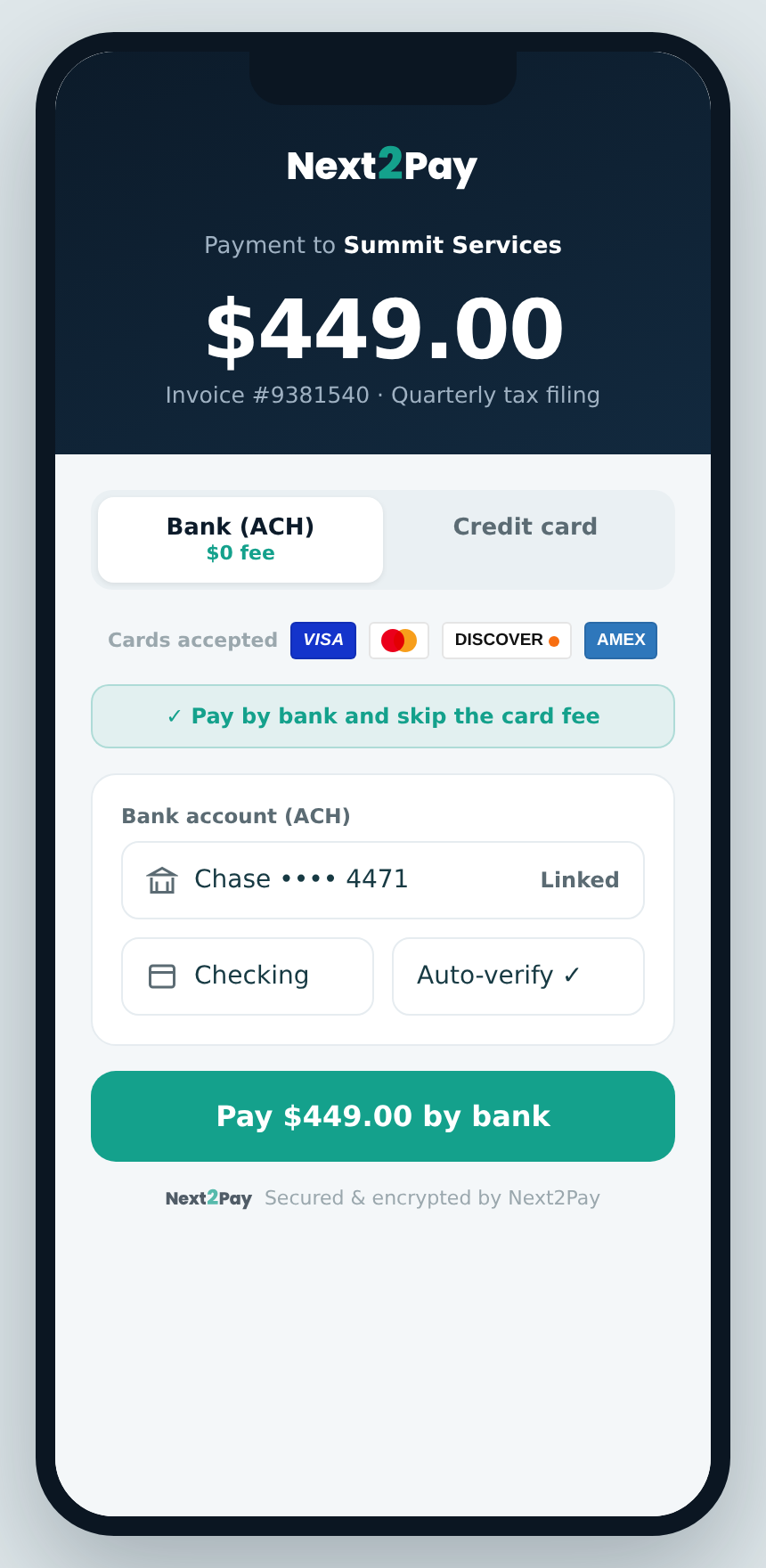 Next2Pay customer pay page on mobile