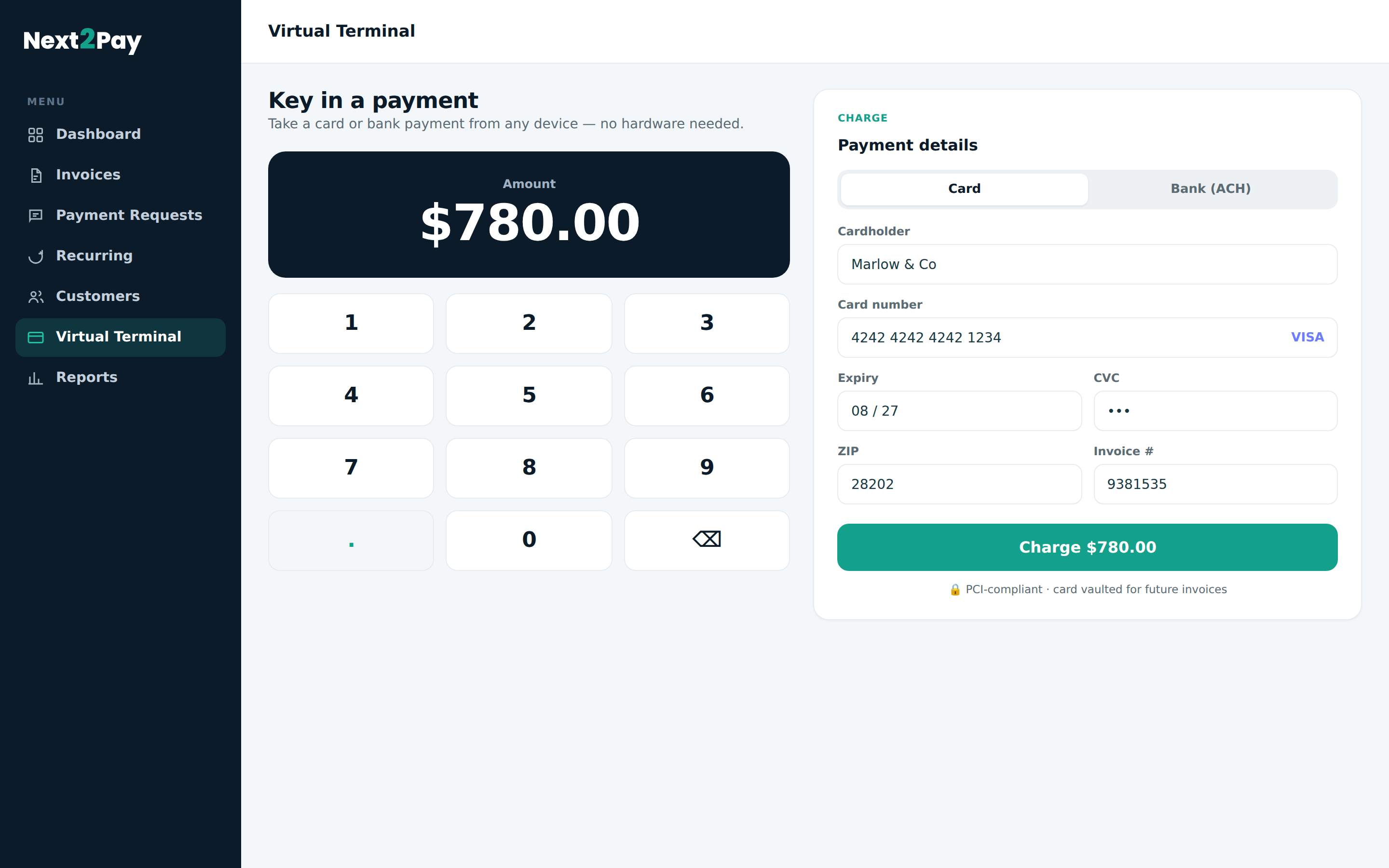 Next2Pay virtual terminal — key in a card or bank payment